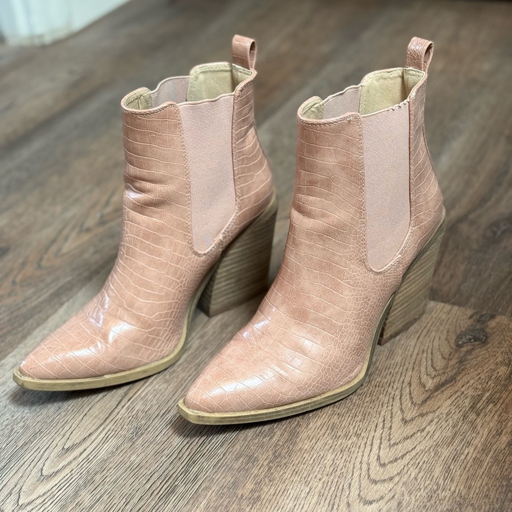 Blush Croc-Embossed Ankle Boots